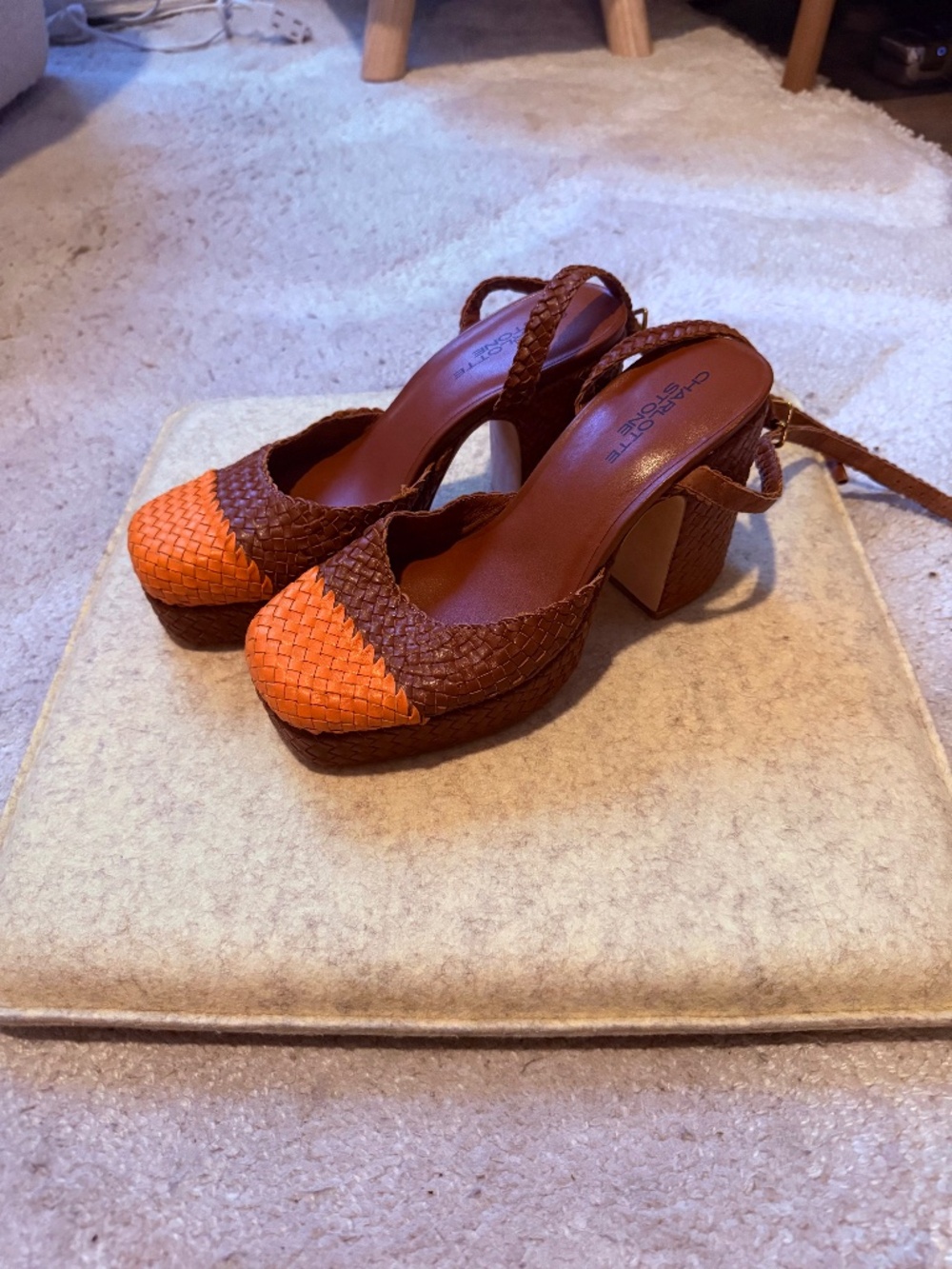 [NWT] Charlotte Stone Brown and Orange Woven Platform Slingbacks, size 8